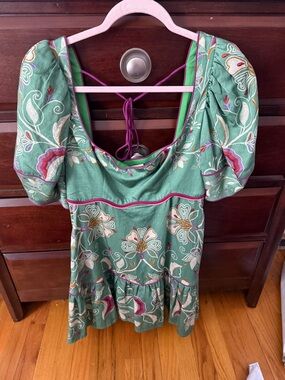 NWT Farm Rio x Anthropologie Puff-Sleeve Linen Blend Mini Dress Green Size Small